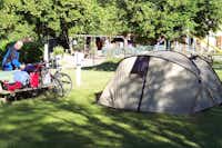 Camping du Lac  -  Wohnwagen- und Zeltstellplatz vom Campingplatz im Grünen, Spielplatz im Hintergrund