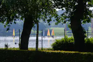 Blick durch Bäume auf einen eingezäunten Bereich am Campingplatz mit Schwimmbecken und gelben Markierungsbojen.