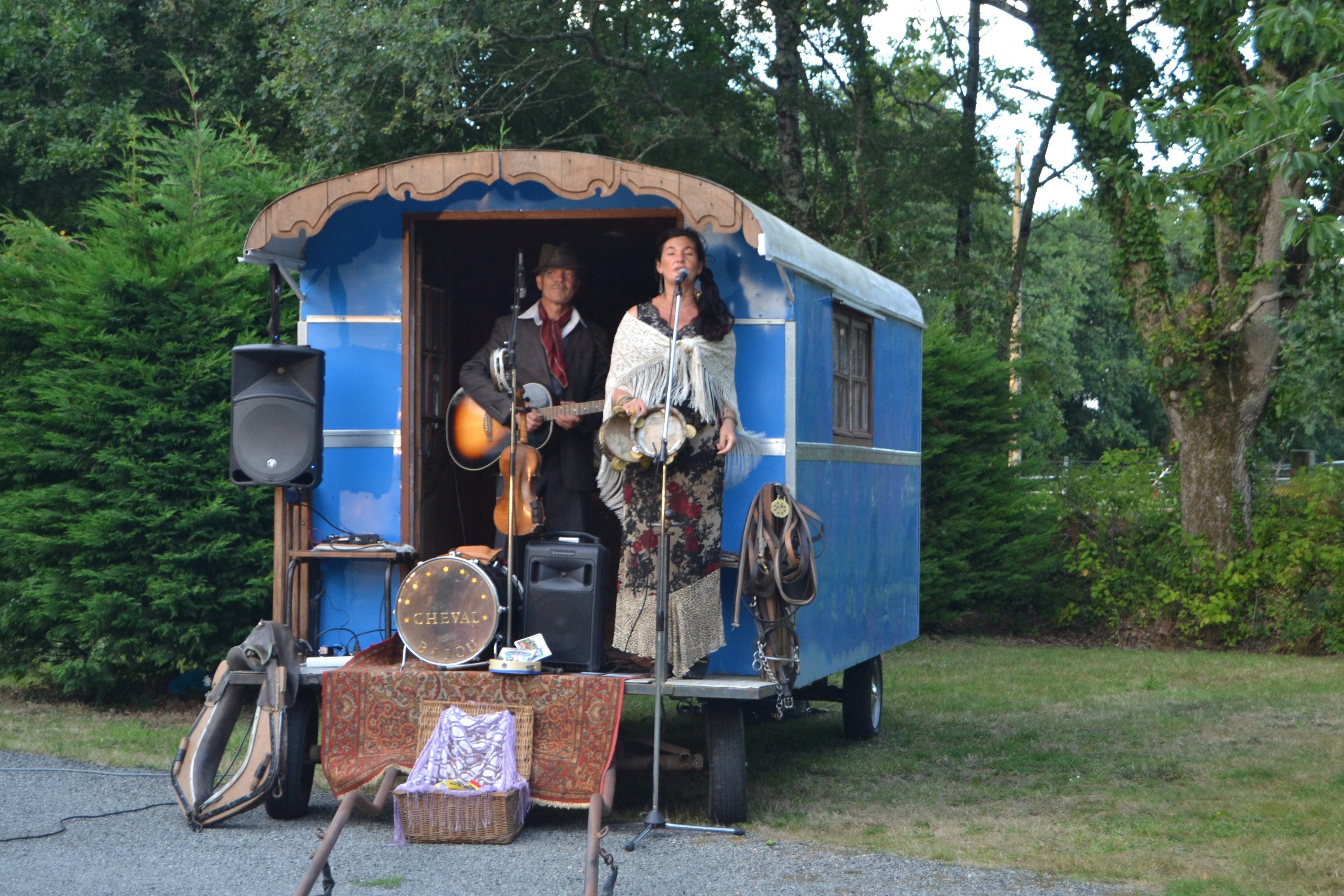Blauer Camper mit geöffneter Tür, zwei Personen mit Gitarre und Mikrofon, davor Tisch und Gepäck im Grünen.