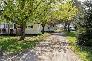 Campingweg zwischen Bäumen und mehreren Wohnwagen, mit Rasenflächen und Stellplätzen im Hintergrund.