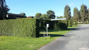 Asphaltweg am Campingplatz neben Hecken und Rasen, im Hintergrund Gebäude und Bäume.