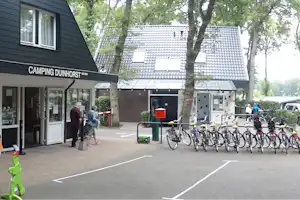 Parkplatz vor einem Campingplatzgebäude mit mehreren Stellplätzen, Bäumen und Bänken am Wegesrand.