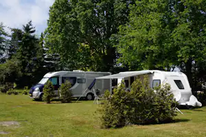 Wohnwagen und Wohnmobil auf einem Campingplatz im Grünen, umgeben von Büschen und Bäumen.