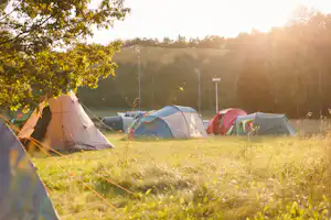 Zelte auf einer Wiese im Campingplatz, im Hintergrund weitere Zelte und Bäume, warmes Sonnenlicht am Morgen.