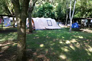 Weißes Zelt auf einem Campingplatz im Grünen zwischen Bäumen, mit weiteren Zelten im Hintergrund.