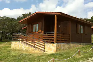 Holzhaus mit überdachter Veranda, Terrasse und Geländer, große Fenster und Ziegeldach vor Bäumen und Rasen.