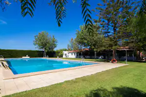 Campingpool mit blauem Wasser, Liegestufen und Treppe, umgeben von Rasen, Palmen und weißen Gebäuden am Zaun.