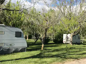 Wohnwagen und Wohnmobil auf einer grünen Campingwiese zwischen Bäumen, mit Stromkasten und gepflegtem Weg.