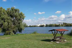 Picknicktisch auf einer grünen Wiese am See, im Hintergrund Bäume und ein Gebäude am Ufer.