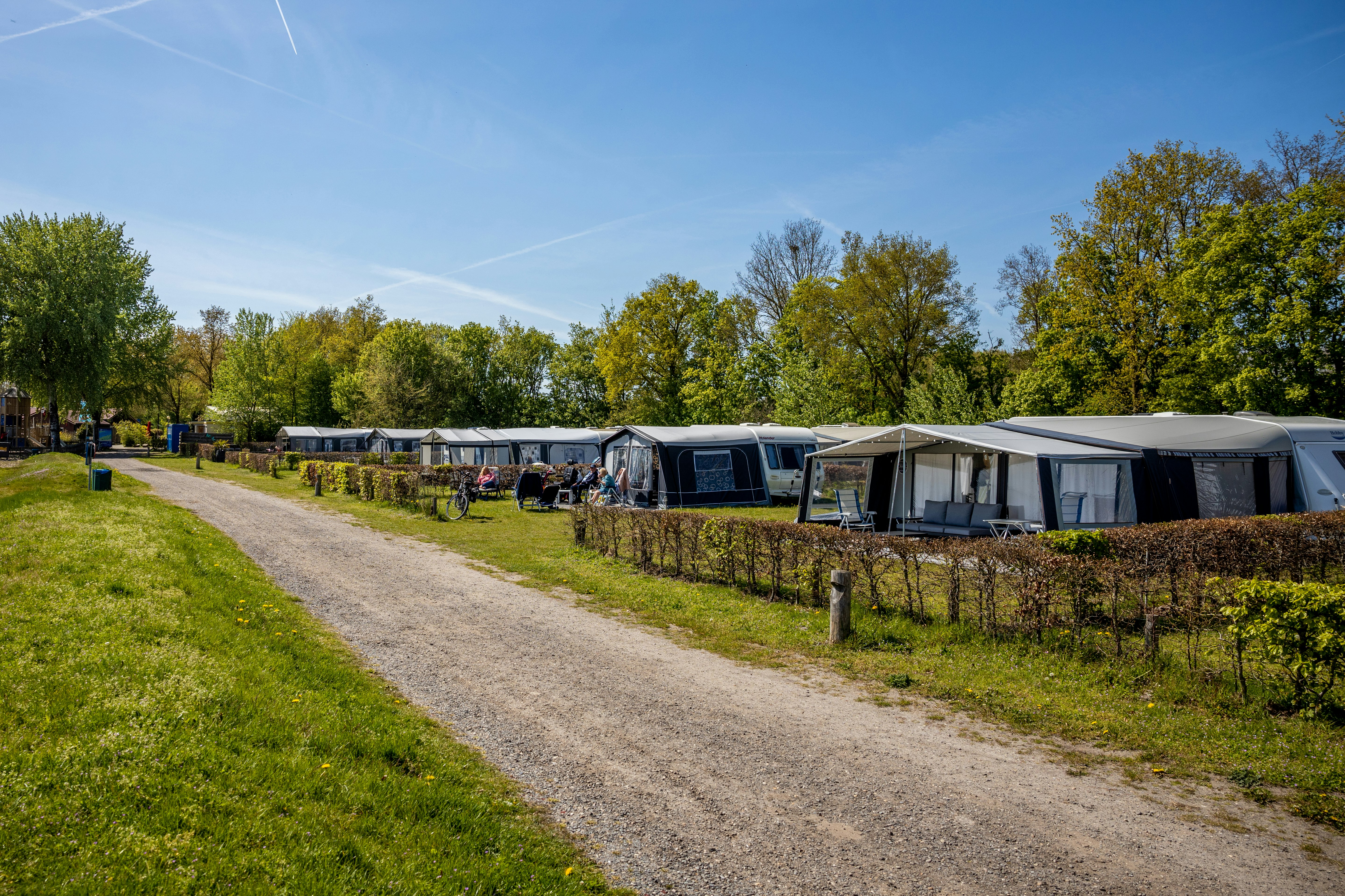 Reihe von Wohnwagen und Zelten am Campingplatz entlang eines Kieswegs, mit Rasenfläche und Hecken zwischen den Stellplätzen.