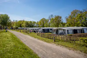 Reihe von Wohnwagen und Zelten am Campingplatz entlang eines Kieswegs, mit Rasenfläche und Hecken zwischen den Stellplätzen.