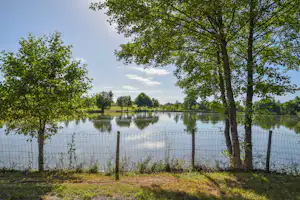 Ruhiger See am Campingplatz, Zaun und Bäume im Vordergrund, Spiegelung im Wasser und grünes Ufer.