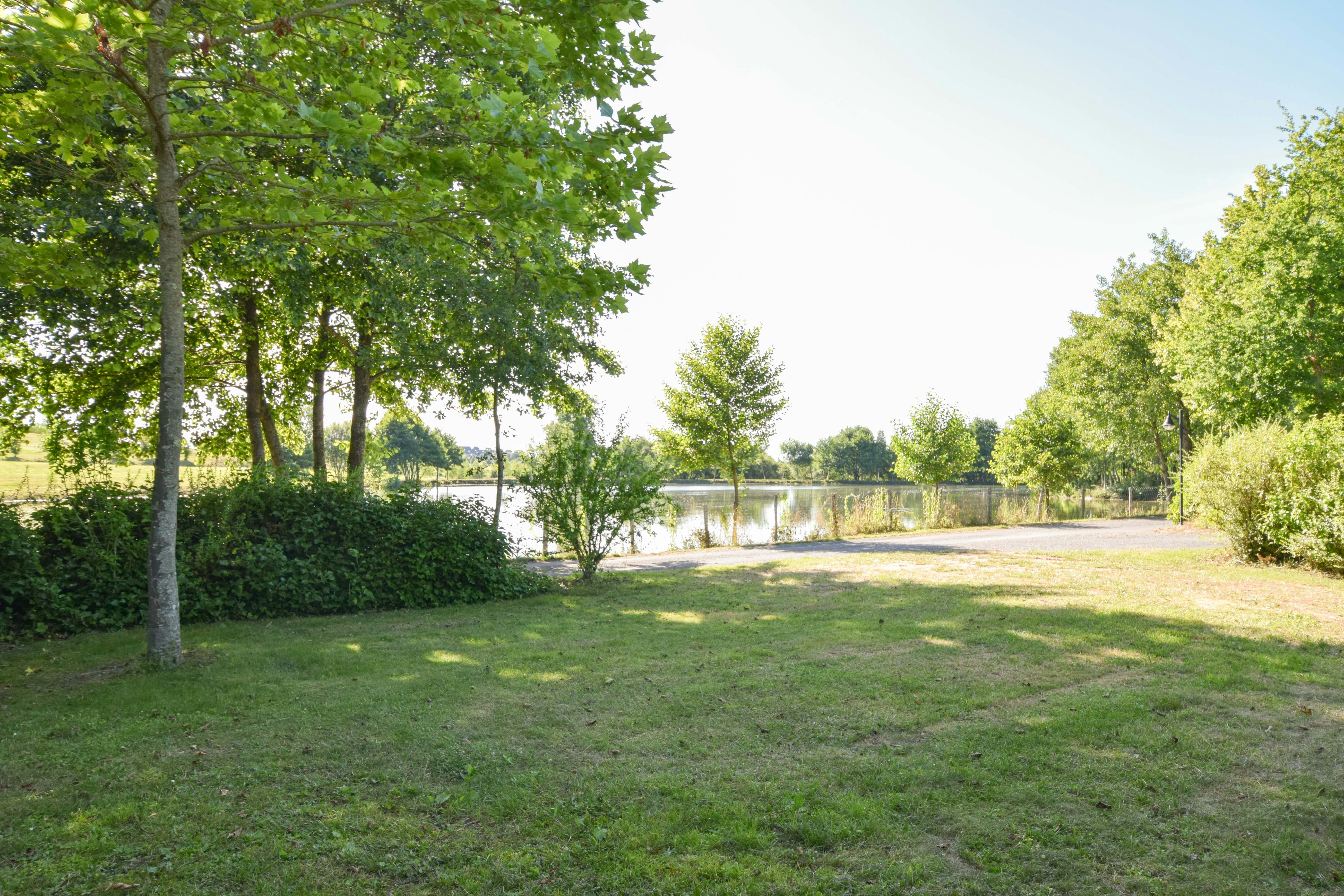 Grüner Rasen auf dem Campingplatz, Hecke und Bäume am Rand, dahinter ein Zaun und ein Weg.