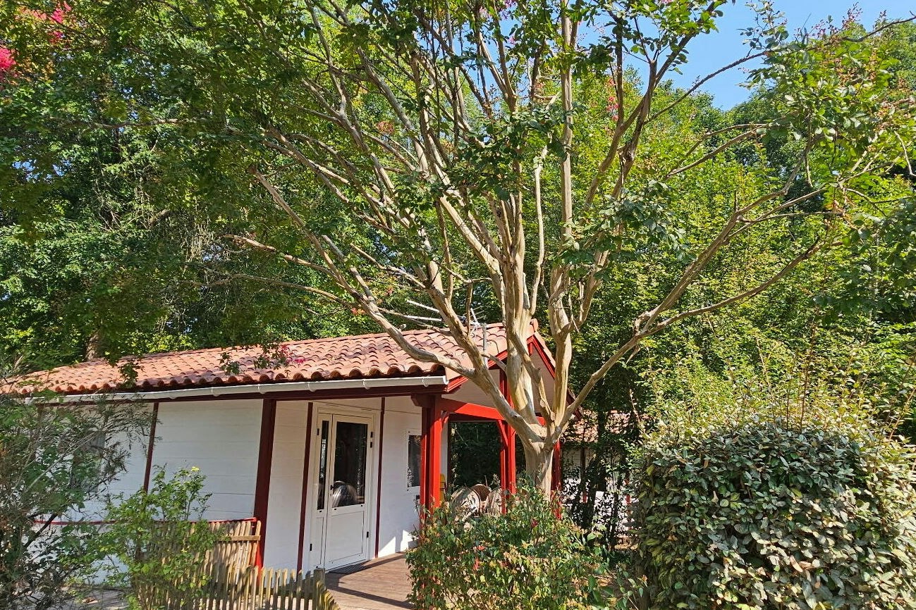 Kleines Ferienhaus mit rotem Ziegeldach, weißer Fassade und Eingangstür, umgeben von Bäumen und Hecken im Garten.