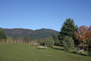 Grüne Campingwiese mit mehreren Holzbänken, Bäumen und Holzgeländer vor bewaldeten Hügeln unter klarem Himmel.