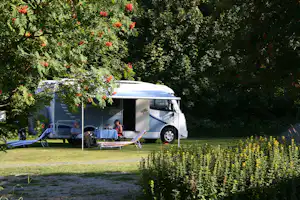 Wohnmobil am Campingplatz mit Markise, Tisch und Stühlen vor dem Eingang, umgeben von Bäumen und Rasen.