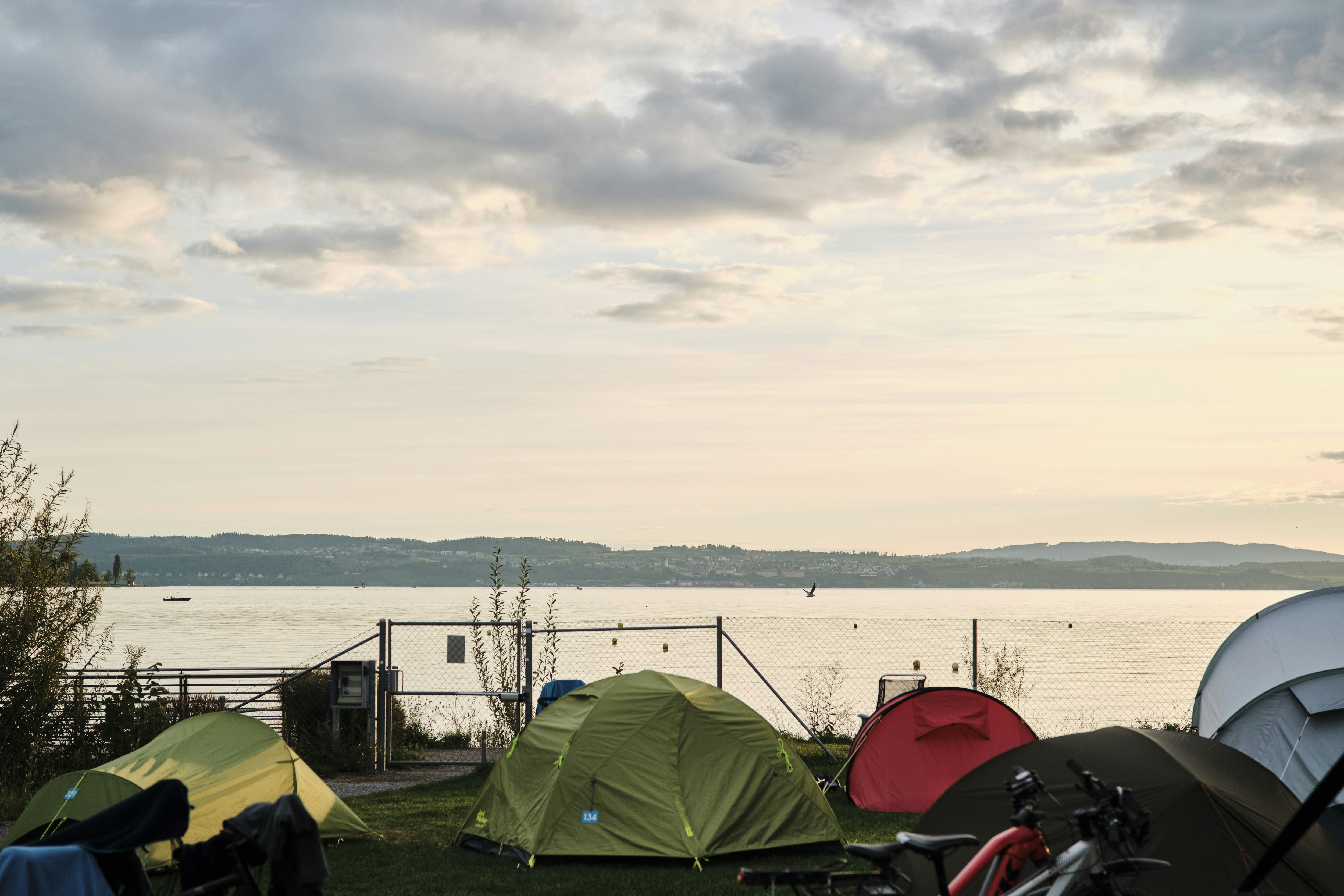 Zelte auf einem Campingplatz am Seeufer, mit Steg und Wasser im Hintergrund, im Vordergrund Rasen und Campingausrüstung.