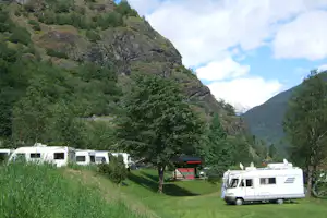 Wohnmobile und Campingbusse auf dem Stellplatz vor grünen Bäumen, im Hintergrund steile Felswände und Berge.