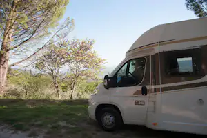 Wohnmobil am Campingplatz im Grünen, neben Bäumen und Gras, mit Blick auf die Landschaft im Hintergrund.