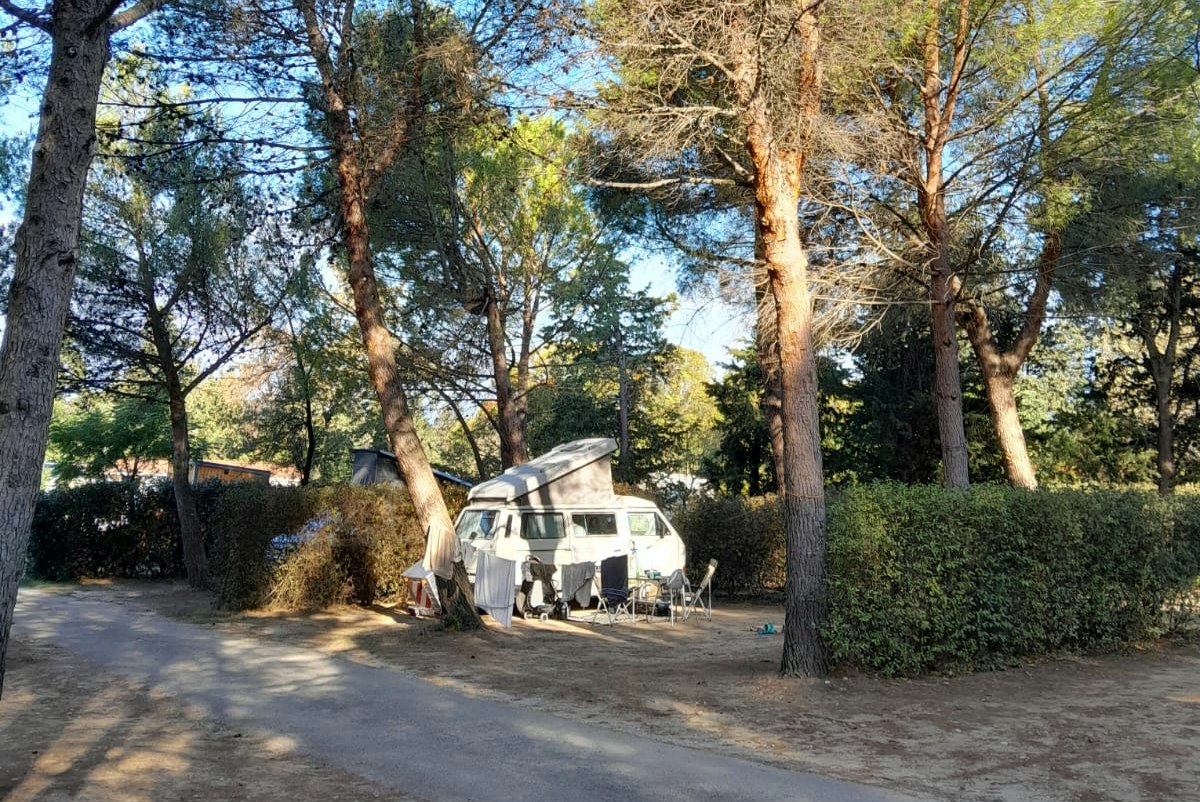 Wohnmobil auf einem Campingplatz zwischen hohen Bäumen, mit Markise, Stühlen und Tisch am Stellplatz.
