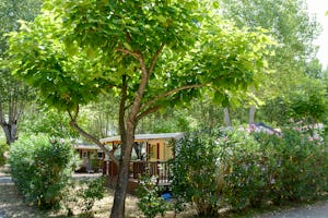 Camping Fouguières - ein Mobilheim mit überdachter Veranda im Grünen