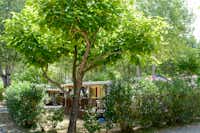 Camping Fouguières - ein Mobilheim mit überdachter Veranda im Grünen