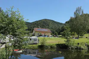 Camping Freizeitanlage Schlögen - Blick auf die Stellplatzwiese mit einem Gebäude des Campingplatzes im Hintergrund