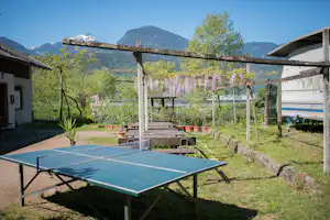 Camping Ganthaler - Tischtennisplatte und Picknicktische am Wohnwagen- und Zeltstellplatz vom Campingplatz mit Blick auf die Alpen
