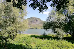 See zwischen grünen Wiesen und Bäumen, im Hintergrund ein bewaldeter Berg und eine ruhige Uferlinie.