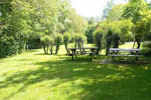 Grüne Campinganlage mit Rasen, zwei Picknicktischen und Hecken, umgeben von Bäumen und gepflegten Wegen.