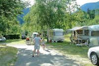 Camping Gottardo  -  Wohnwagen- und Zeltstellplatz zwischen Bäumen auf dem Campingplatz