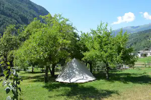 Camping Grand Combin - Zeltplatz vom Campingplatz im Schatten von Bäumen