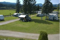 Camping Grimmingsicht  -  Wohnwagen- und Zeltstellplatz auf Rasen zwischen Bäumen