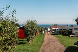 Campingplatz-Gasse mit Rasen, Hecken und Wohnwagen; im Hintergrund das Meer und ein rotes Gebäude.