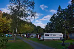 Wohnwagen auf einem Campingplatz entlang eines Weges, umgeben von Bäumen und Rasenfläche.