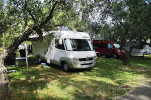 Wohnmobil auf dem Campingplatz unter Bäumen, daneben weitere Fahrzeuge und ein Stuhl am Stellplatz.