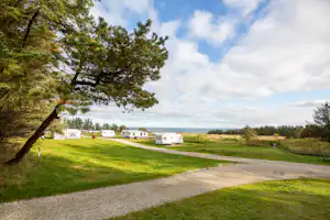 Campingplatz mit Rasenfläche, Kiesweg und mehreren Wohnwagen, im Hintergrund Bäume und offene Landschaft.