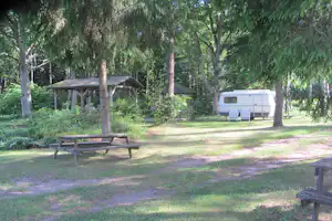 Camping Harmonie - Wohnwagen- und Zeltstellplatz und Picknicktisch vom Campingplatz zwischen Bäumen