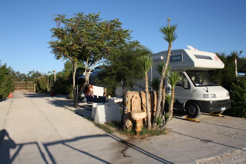 Camping Helios - Wohnmobil zwischen Bäumen auf dem Campingplatz