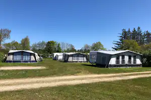 Reihe von Campingzelten und Mobilheimen auf einer Wiese, mit Bäumen im Hintergrund und gepflegtem Weg zwischen den Stellplätzen.