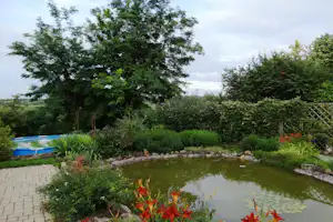 Kleiner Teich auf dem Campingplatz mit Seerosen, Steinumrandung und bunten Pflanzen, umgeben von Bäumen und Hecken.