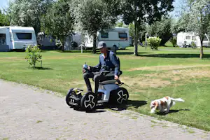 Motorrad und Roller auf dem Weg am Campingplatz, daneben ein Mann und ein Hund auf dem Rasen, Wohnwagen im Hintergrund.