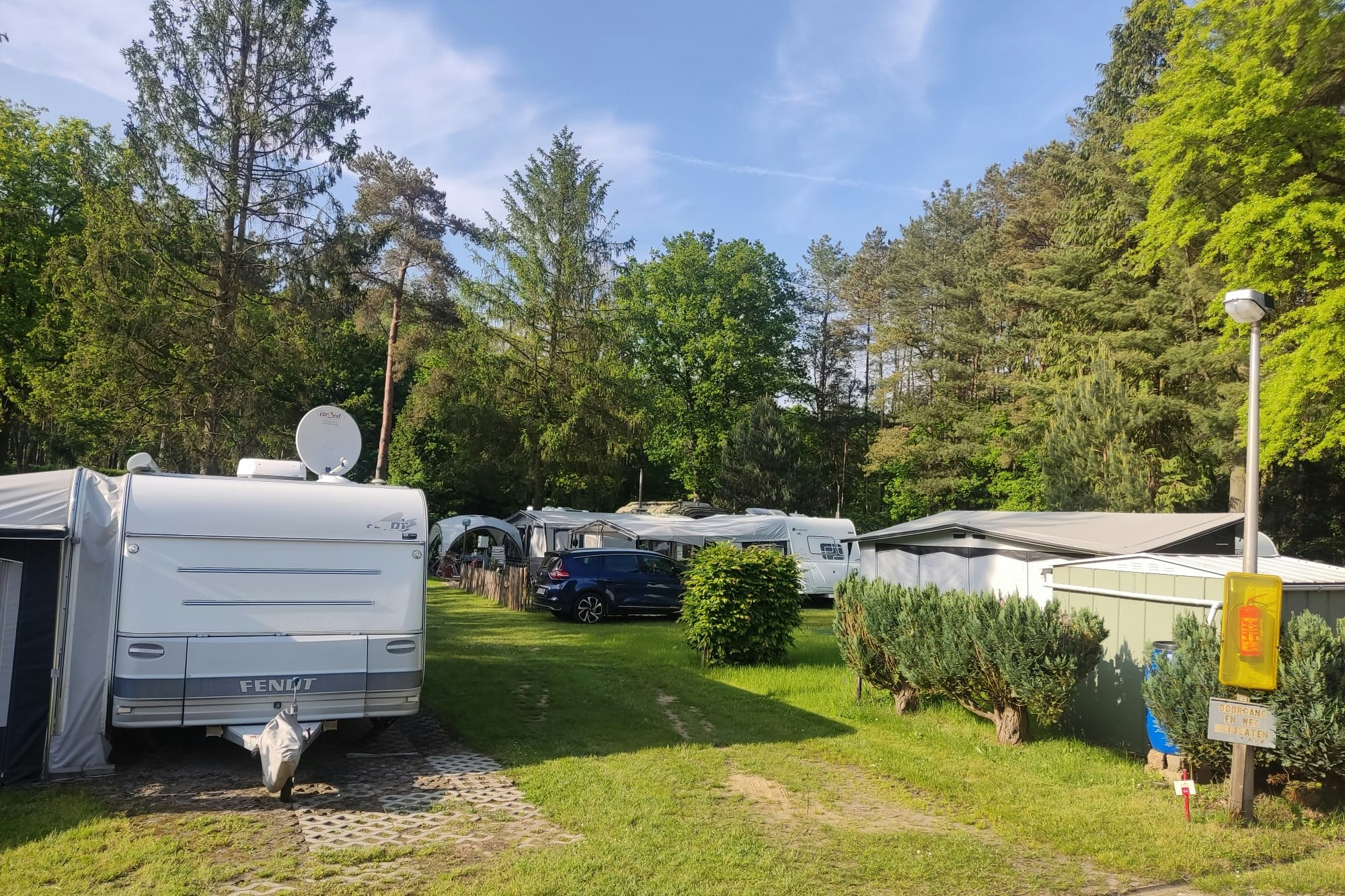 Camping Het Swinnenbos - schön gelegene Standplätze auf grüner Wiese mit Wohnwagen und Vorzelten, abgetrennt durch Hecken und Bäume 