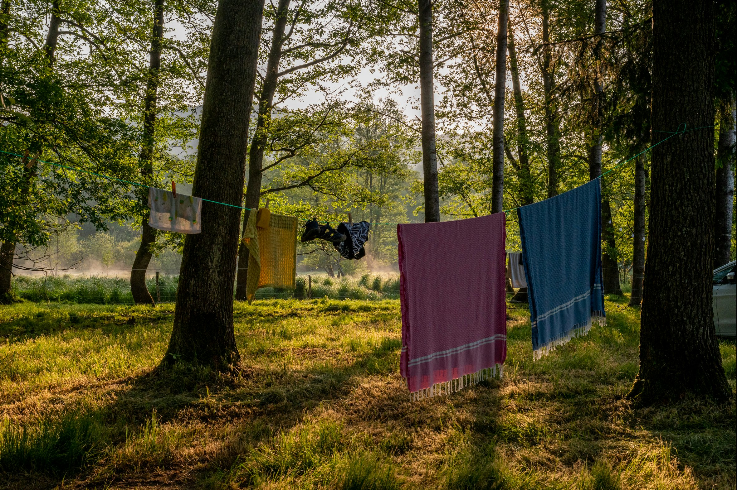 Camping Höllensteinsee - Handtücher im Sonnenlicht zwischen den Bäumen