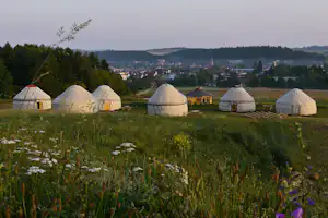 Mehrere Iglu-Zelte auf einer Wiese, im Hintergrund Bäume und ein Dorf mit Häusern in der Ferne.