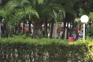 Weg auf einem Campingplatz zwischen Palmen und Hecken, mit bunten Wimpeln und Laternen im Hintergrund.