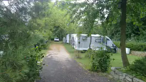 Wohnwagen und Campingbusse auf einem Kiesweg zwischen Bäumen, mit Rasenfläche und kleinen Schuppen am Stellplatz.