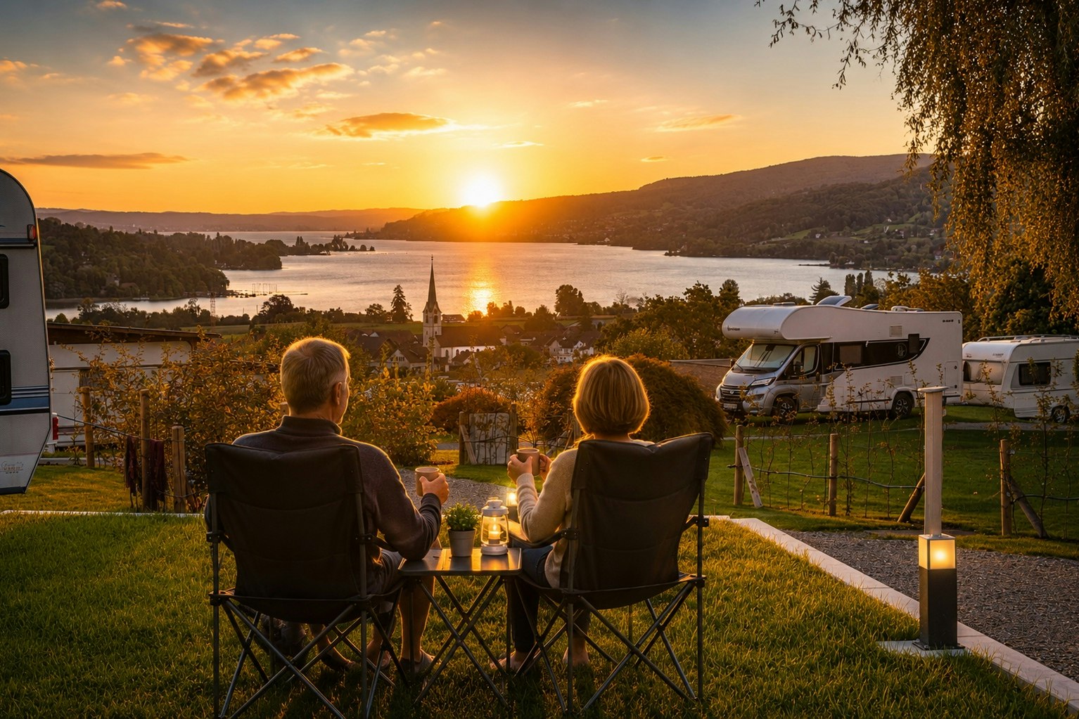 Zwei Personen sitzen abends an einem Tisch mit Kerzen auf dem Campingplatz, im Hintergrund Wohnmobile und eine Flusslandschaft.
