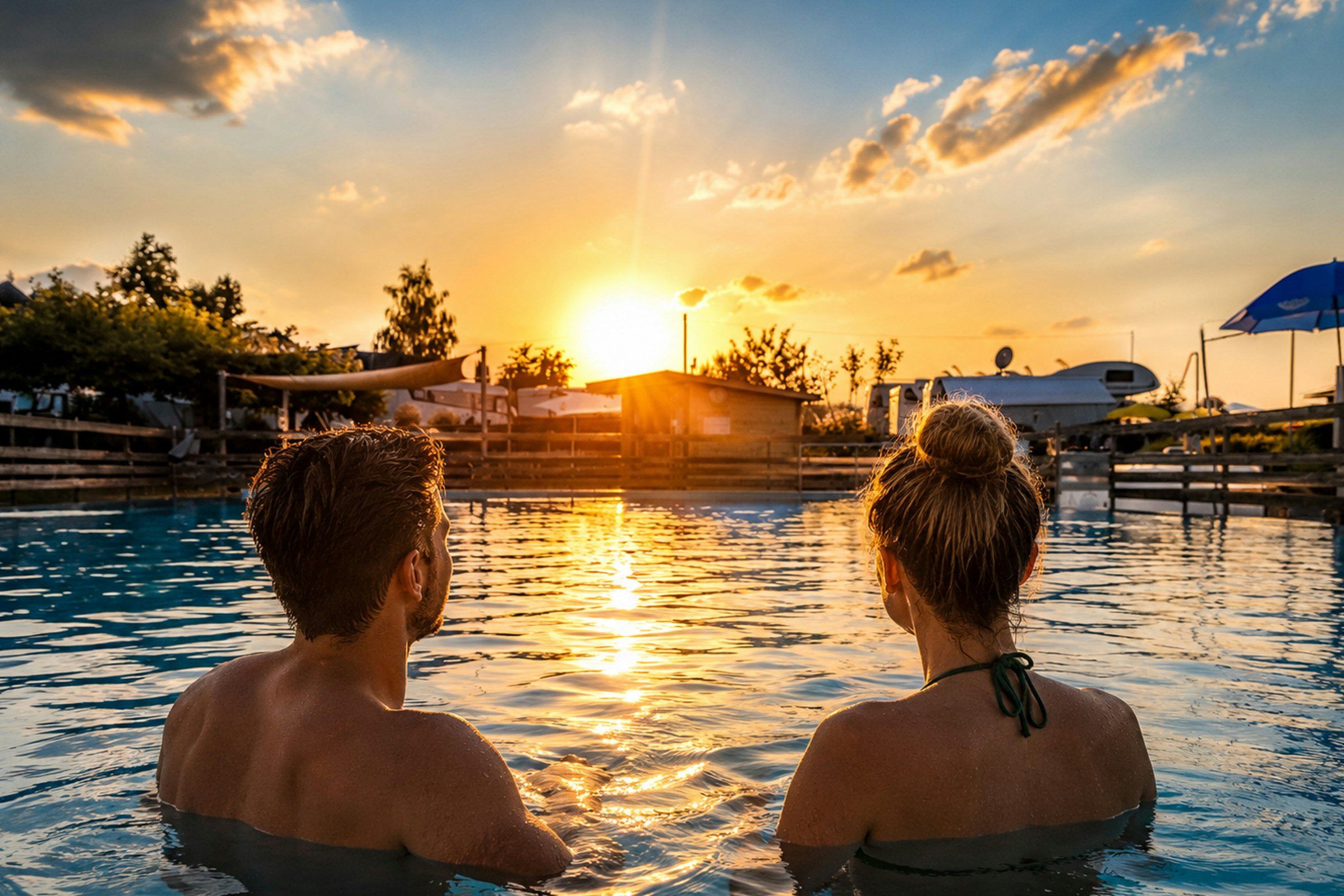 Zwei Personen im Pool mit Blick auf Campingplatz, Wohnwagen und Zelte bei Sonnenuntergang, umgeben von Bäumen und Stegen.