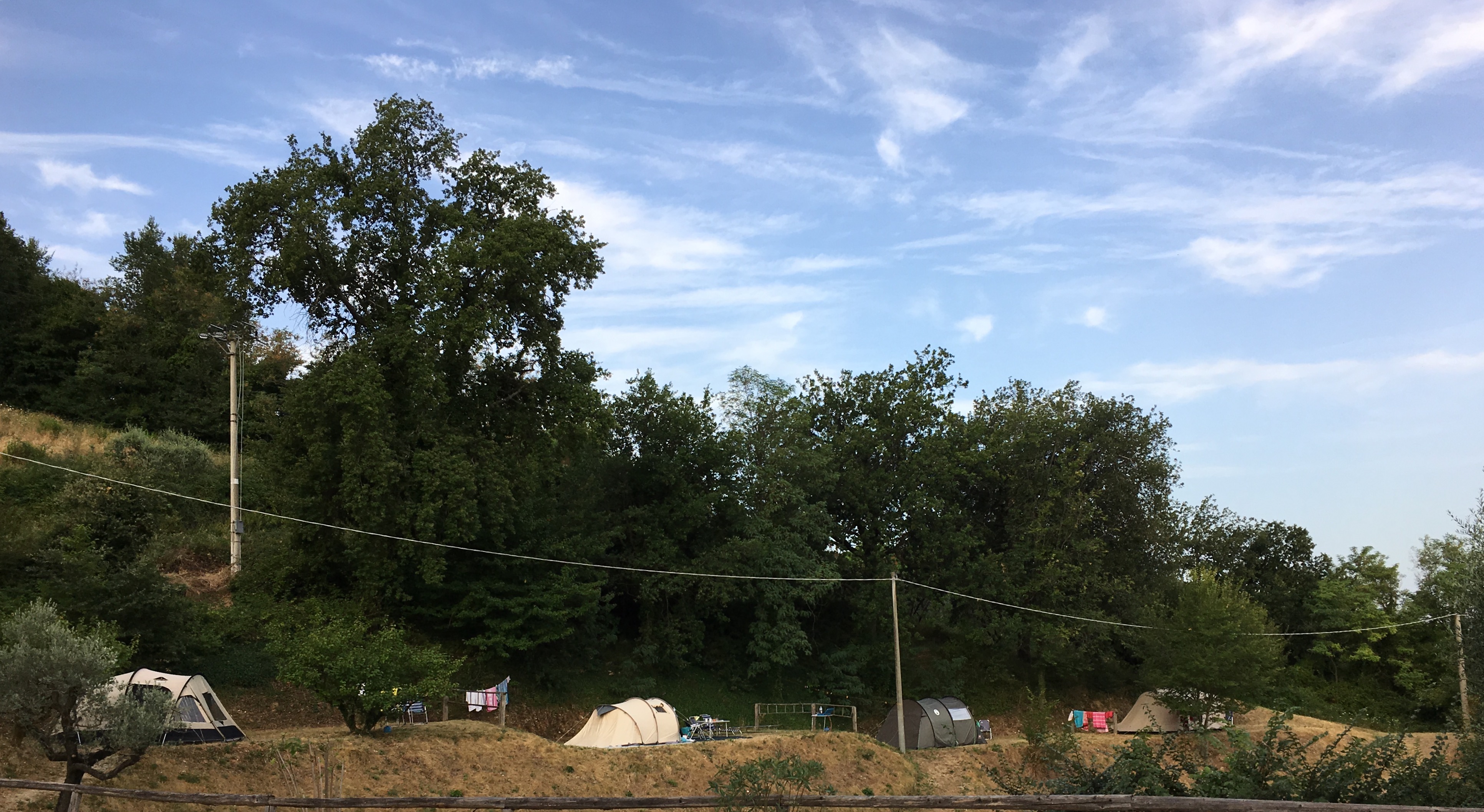 Zelte auf einem Campingplatz am Hang, umgeben von Bäumen und einem Zaun, im Hintergrund ein bewölkter Himmel.